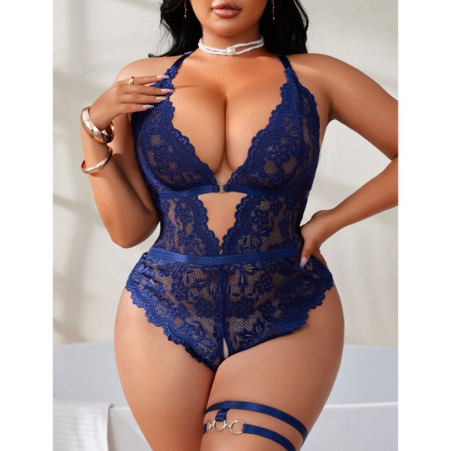 Picture of Royal Blue Plus Size Lace Bodysuit with Garter Straps